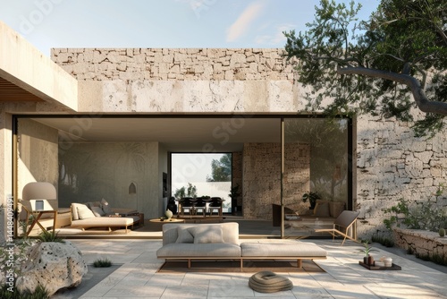 exterior design of an old stone house in mallorca, traditional mediterranean style with modern furniture and lighting, garden terrace