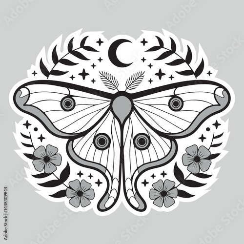 Vector illustration of a white luna moth. Drawing of a night luna moth painted with black inks in a linear style. Engraving of a flying insect's wings. Esoteric magical watercolor skeleton print.
