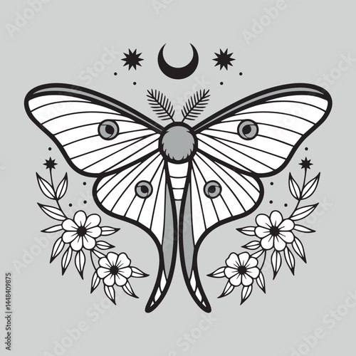 Vector illustration of a white luna moth. Drawing of a night luna moth painted with black inks in a linear style. Engraving of a flying insect's wings. Esoteric magical watercolor skeleton print.