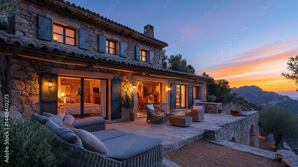 Fototapeta premium exterior design of an old stone house in mallorca, traditional mediterranean style with modern furniture and lighting, garden terrace