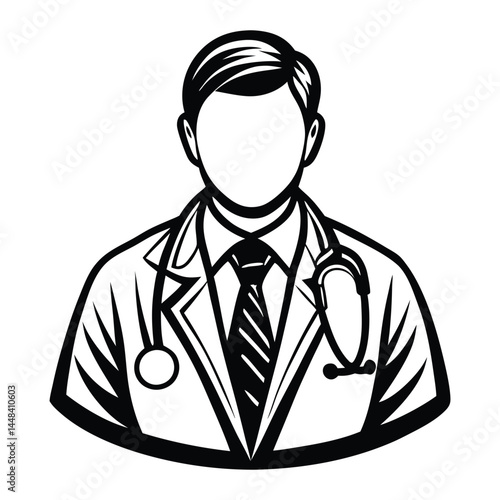 Doctor man vector illustration. Doctor in white coat. Stethoscope, doctor line art