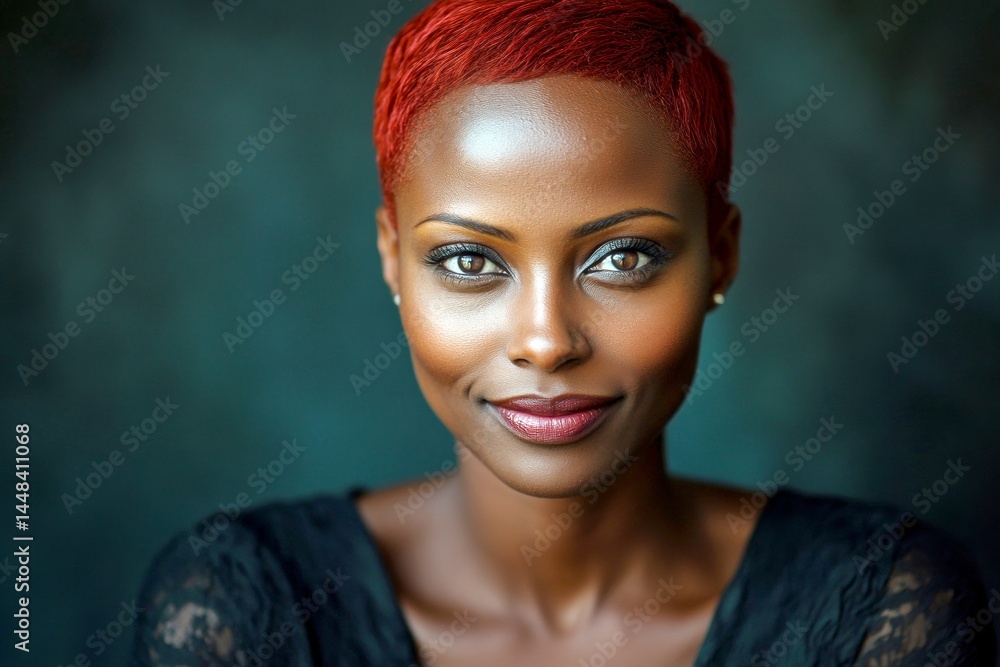Commercial commercial visual design. Gorgeous happy black girl - for ads, brochure and social platforms use. Short hairdo - red hair. Colored hair campaign ads. Commercial portrait.