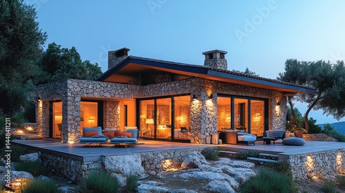 exterior design of an old stone house in mallorca, traditional mediterranean style with modern furniture and lighting, garden terrace