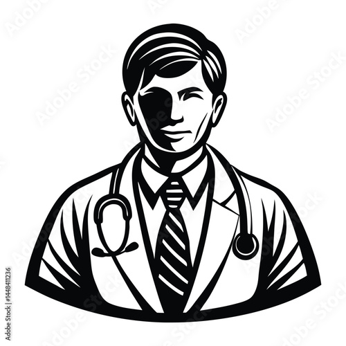 Doctor man vector illustration. Doctor in white coat. Stethoscope, doctor line art