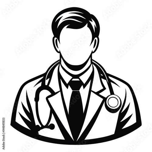 Doctor man vector illustration. Doctor in white coat. Stethoscope, doctor line art