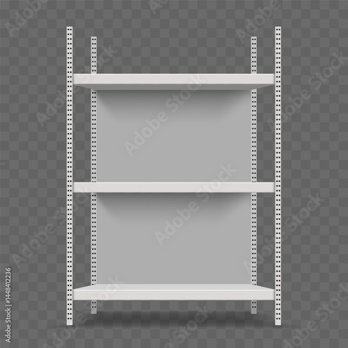 Empty trade stand in shop, rack or display. Storefronts shelves isolated on transparent background. Vector mockup