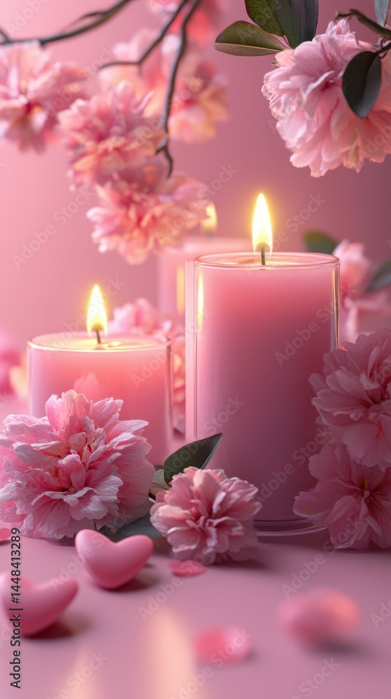 Soft pink candles illuminate a serene setting filled with flowers and heart-shaped decorations for a romantic atmosphere Soft pink candles illuminate a serene setting filled with flowers and heart-shaped decorations for a romantic atmosphere