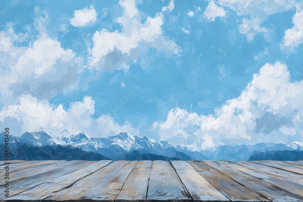 A serene landscape painting of snow-capped mountains, a vibrant blue sky, and textured wooden planks. A serene landscape painting of snow-capped mountains, a vibrant blue sky, and textured wooden planks.