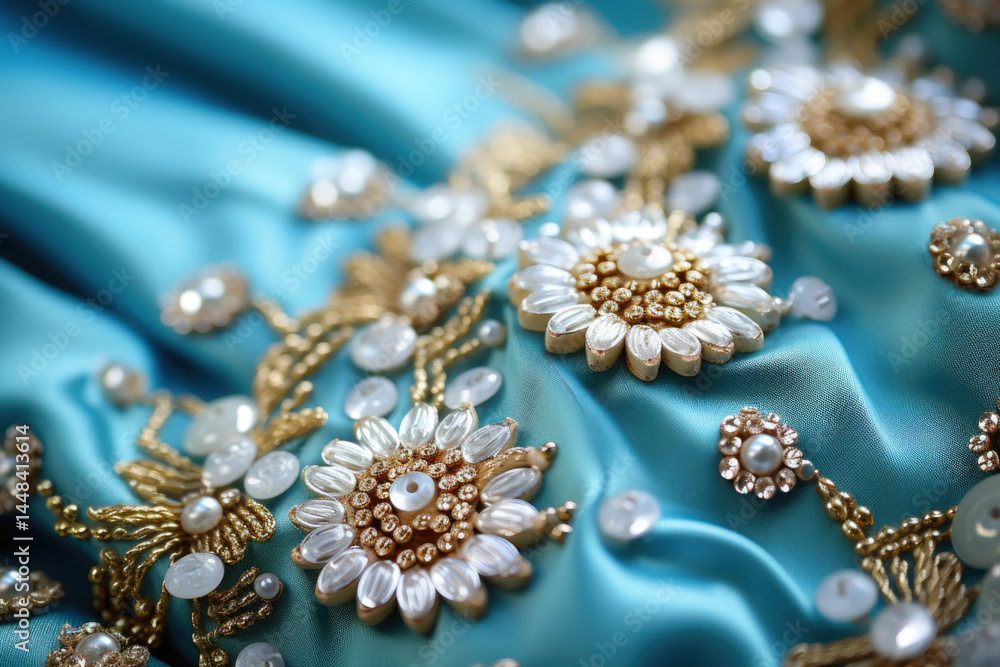 Detailed closeup of ornate floral embroidery with rhinestones, beads, and pearls on turquoise fabric
