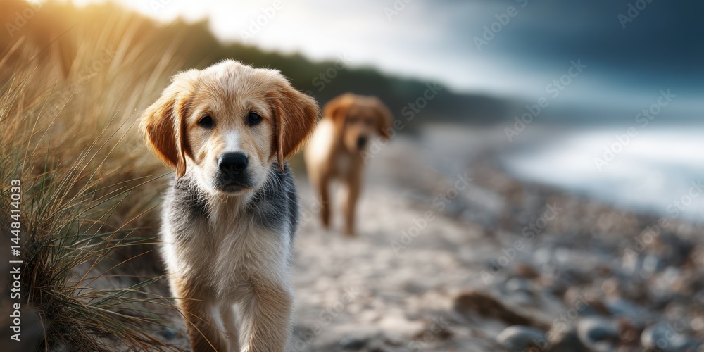 Playful puppies exploring a sandy beach during sunset with waves in the background Playful puppies exploring a sandy beach during sunset with waves in the background