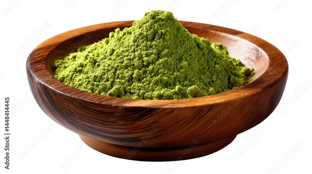 Matcha Delight: A wooden bowl filled with vibrant green matcha powder, a symbol of wellness and natural flavor, ready to be crafted into a delicious beverage or culinary creation. Matcha Delight: A wooden bowl filled with vibrant green matcha powder, a symbol of wellness and natural flavor, ready to be crafted into a delicious beverage or culinary creation.