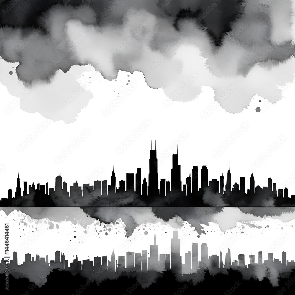 Fototapeta premium Black and white silhouette of the chicago skyline with a watercolor effect. Horizon. Illustration