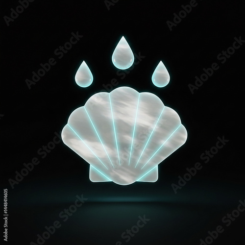 Glowing seashell with water drops on dark background