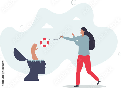 Mental illness therapy or help, depression or anxiety disorder rescue, psychology or stressed healing concept, character life .