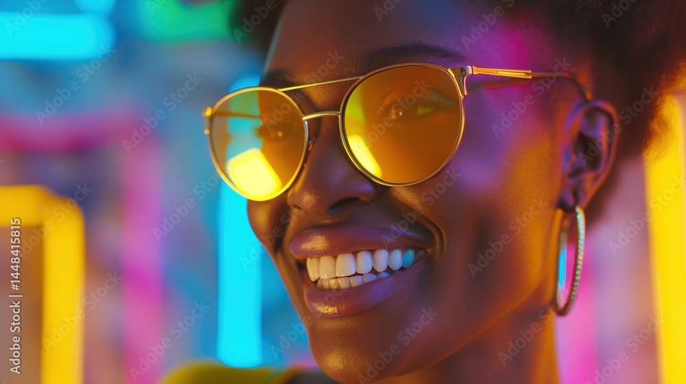Black woman smiling in yellow sunglasses against neon backdrop portrait image closeup. African american female hoop earrings close-up photography. Nightlife mood concept photo-realistic
