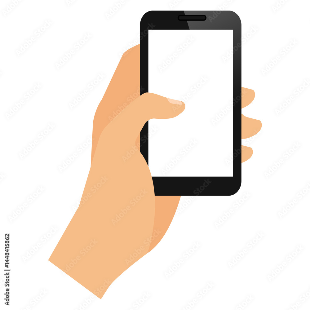 Flat vector illustration of a hand holding a smartphone in portrait orientation with blank white screen, ideal for app design mockups, mobile interface previews, or communication concepts
Flat vector illustration of a hand holding a smartphone in portrait orientation with blank white screen, ideal for app design mockups, mobile interface previews, or communication concepts