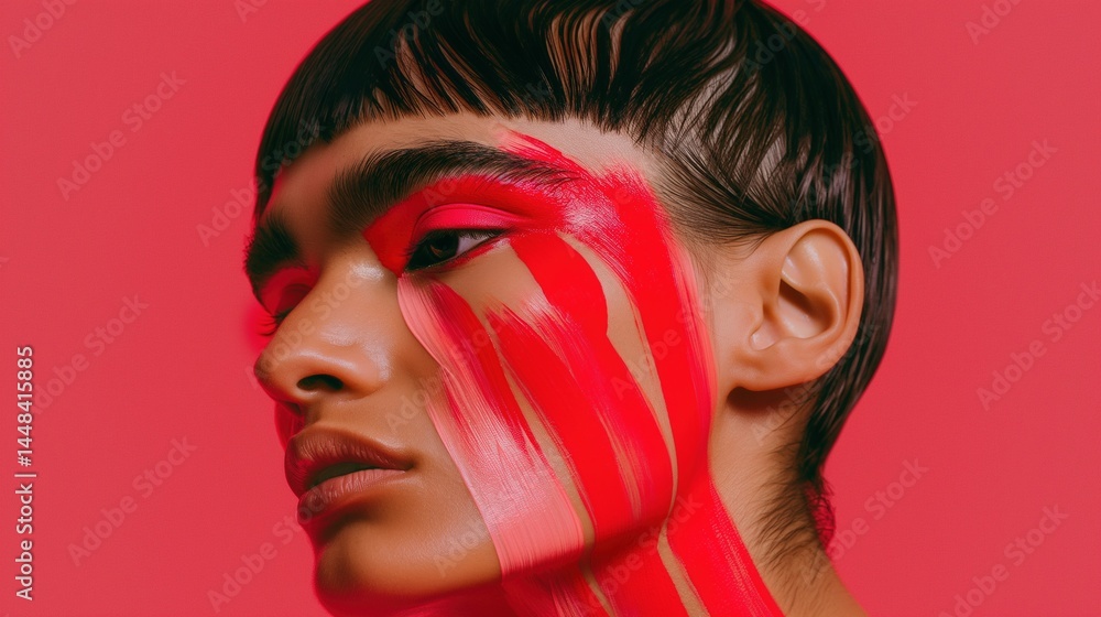 Model with artistic red pink paint streaks flowing down face portrait image closeup. Makeup crimson brushstrokes close-up photography human scene. Bold fashion concept photo-realistic