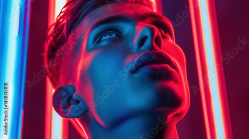 Obraz na płótnie Young man face illuminated by bold neon red blue lighting portrait image closeup. Male gazing upward close-up photography human scene. Futuristic mood concept photo-realistic w salonie