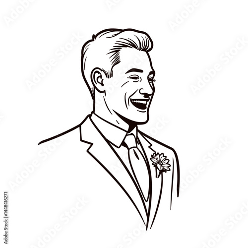 Happy groom laughing, wedding portrait, black and white line art, for invitations