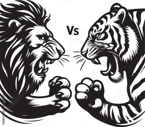 Powerful Tiger and Lion Clash in a Dramatic Black and White Graphic Design. A dramatic black and white graphic illustration of a tiger and a lion engaged in a fierce confrontation.