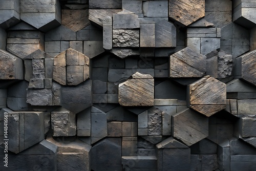 Fototapeta Naklejka Na Ścianę i Meble -  Dark geometric wooden and stone textured wall, an abstract industrial design.