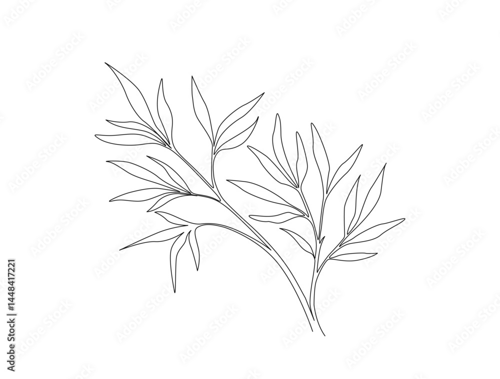 Fototapeta premium Bamboo leaf in single line draw illustration. Continuous one line drawing of Bamboo leaves. Editable stroke.