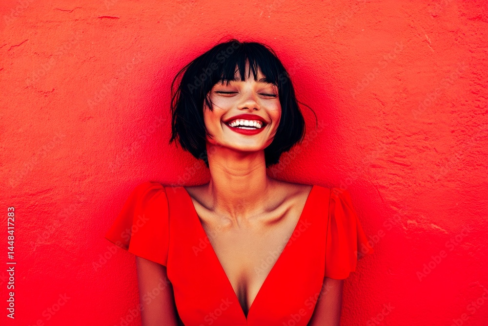 Commercial marketing conceptual art. Gorgeous smiling mixed-race girl - for ads, flyer and online promotion use. Short hairdo - straight hair. Black portrait ad. Fashion advertising model.
