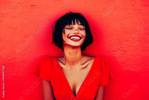 Obraz na płótnie Commercial marketing conceptual art. Gorgeous smiling mixed-race girl - for ads, flyer and online promotion use. Short hairdo - straight hair. Black portrait ad. Fashion advertising model. w salonie