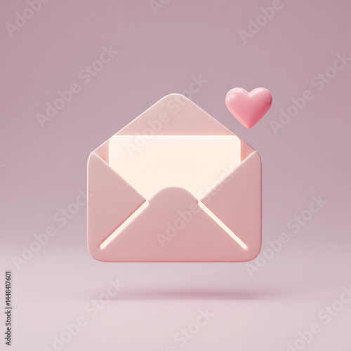 Pink open envelope with heart and blank message floating on pink background