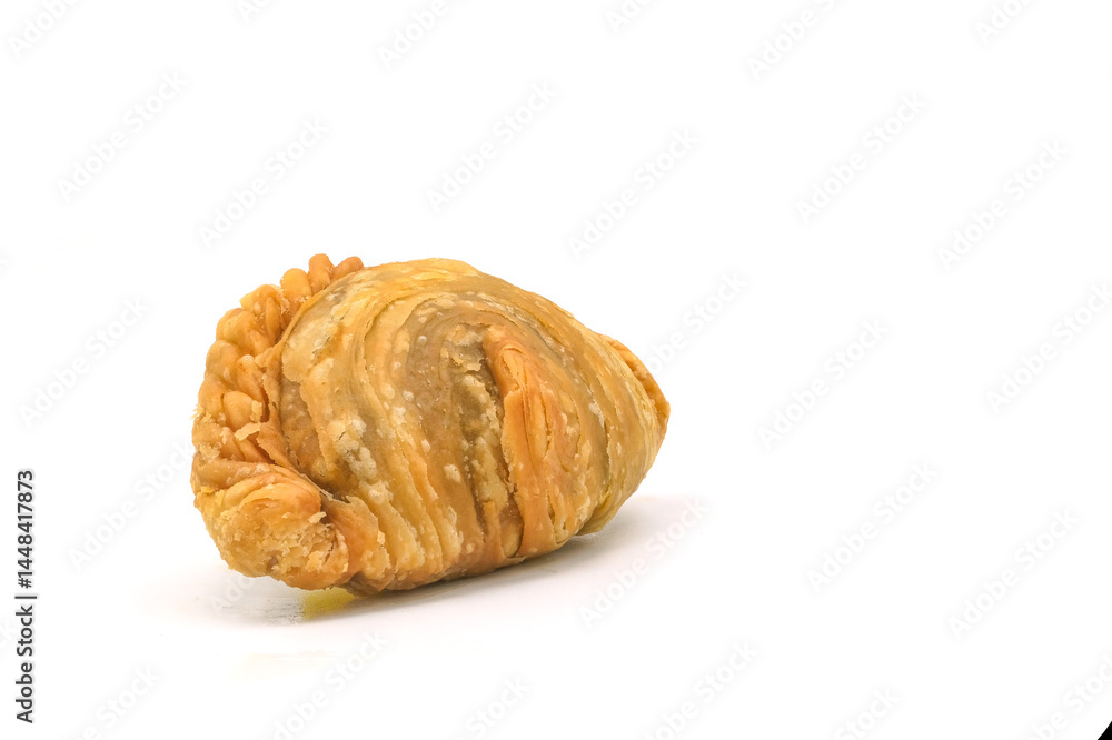 curry puff pastry isolated on white background. Snacks in Thailand. Bean Paste Pastries curry puff pastry isolated on white background. Snacks in Thailand. Bean Paste Pastries