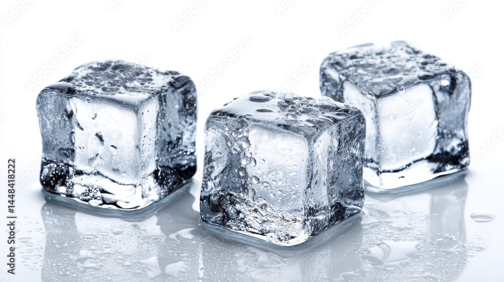Three ice cubes with water droplets on a reflective surface Three ice cubes with water droplets on a reflective surface
