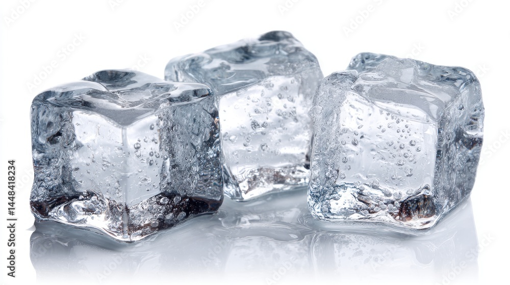 Obraz premium Three Transparent Ice Cubes with Visible Bubbles