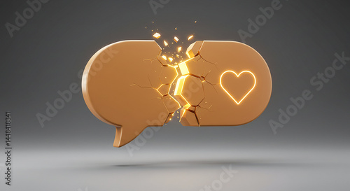 Breaking heart symbol inside exploding chat bubble with like icon