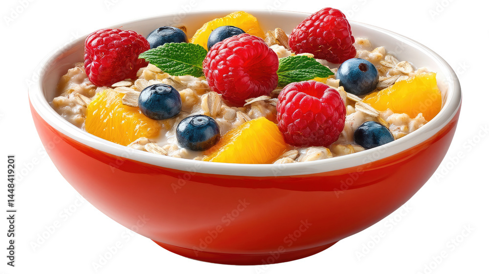 A Delightful Bowl of Oatmeal with Fresh Fruit: A vibrant bowl of oatmeal adorned with luscious raspberries, blueberries, and juicy orange slices promises a burst of flavors. A Delightful Bowl of Oatmeal with Fresh Fruit: A vibrant bowl of oatmeal adorned with luscious raspberries, blueberries, and juicy orange slices promises a burst of flavors.