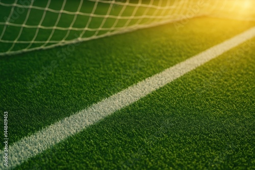 soccer field angled view with green pitch and sunlight background