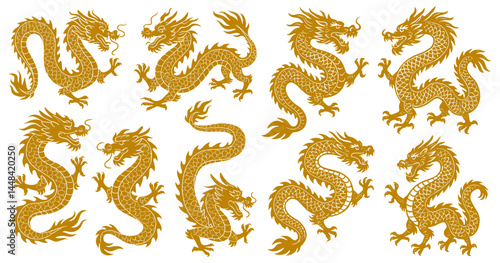Elegant oriental dragons in varied poses, symbolic creatures of power and prosperity adorn a white background