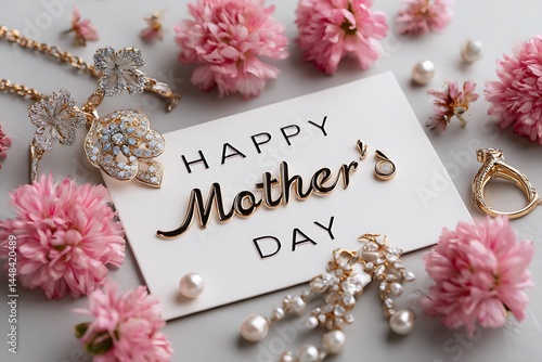 A bright and joyful Mother's Day card with the words "Happy Mother's Day" displayed in an elegant font, surrounded by blooming flowers and precious jewelry pieces that create a warm, celebratory vibe.