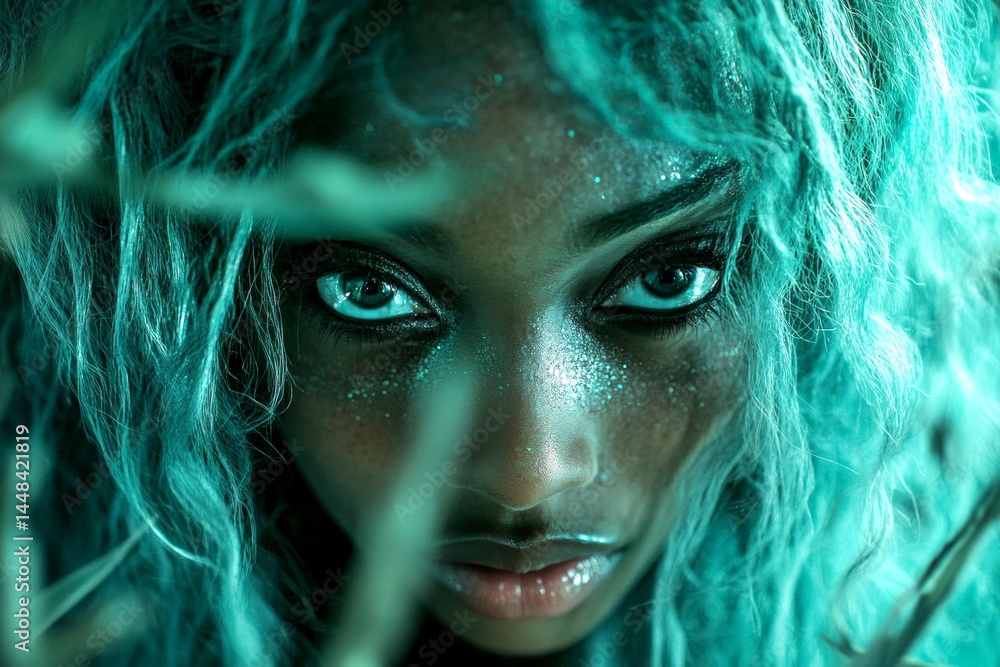 Commercial digital ads idea. Pretty calm black girl - for ads, advertisement and web use. Long haircut - highlighted hair. Fashion with african hair. African american concept. Black elegance.
