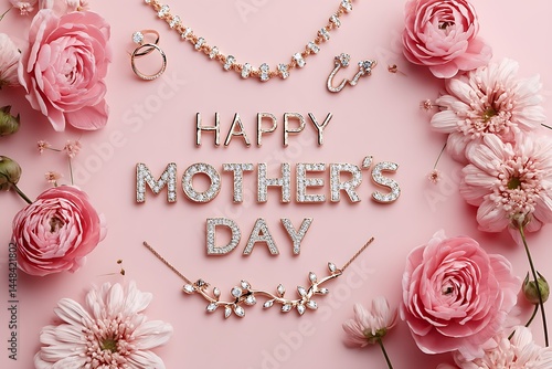 A bright and joyful Mother's Day card with the words "Happy Mother's Day" displayed in an elegant font, surrounded by blooming flowers and precious jewelry pieces that create a warm, celebratory vibe.