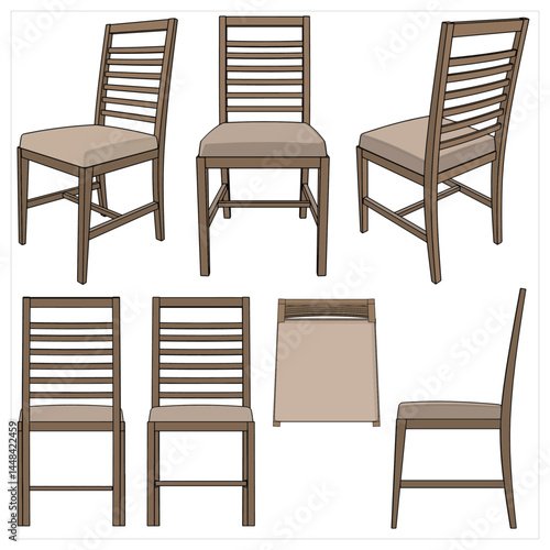 wooden chair. Vector images are produced from the auto tracing process. View from Perspective, front, top, side, back