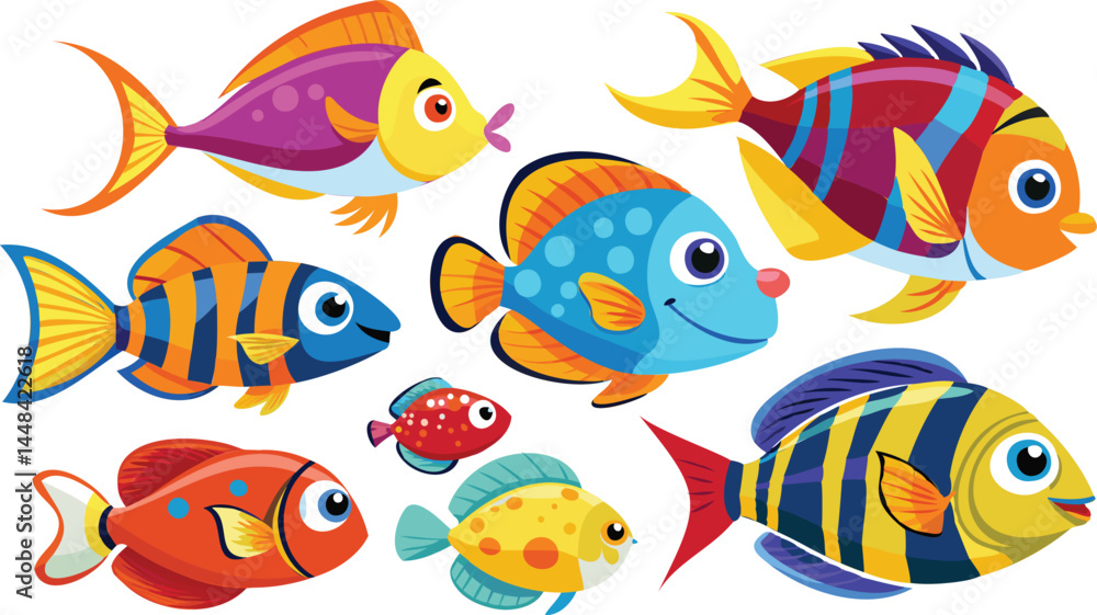 Naklejka premium Cute Colorful Cartoon Fish Set Underwater Sea Animals Vector Illustration for Kids and Educational Projects