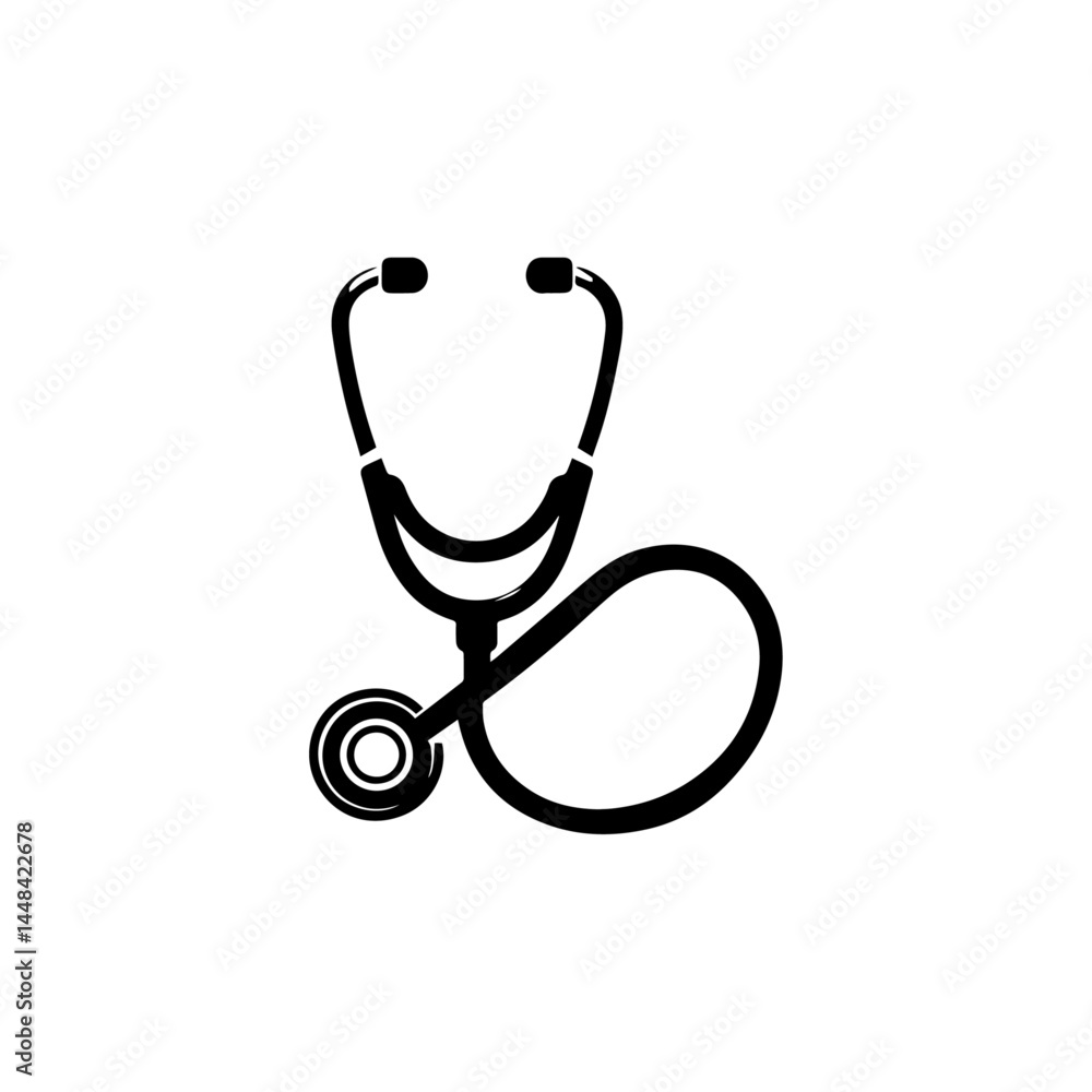 A single black and white vector icon illustration of Stethoscope , isolated on white background, flat design, clean, minimal style A single black and white vector icon illustration of Stethoscope , isolated on white background, flat design, clean, minimal style