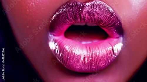 Close-up handheld video of an older woman with dark skin and a young woman with fair skin kissing, frosted pink lips shimmering under bold high contrast light. Concept of youthful diverse love