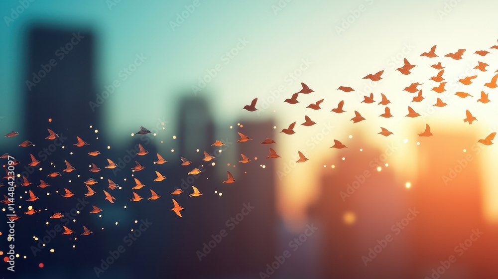 Flock of Birds Flying at Sunset Over City Skyline Flock of Birds Flying at Sunset Over City Skyline