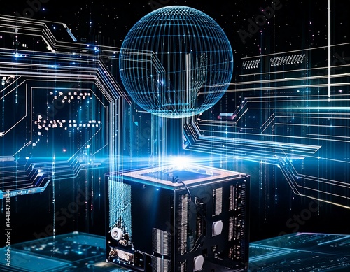 Super powerful quantum computer performing complex calculations at incredible speed. Future generation AI technology concept