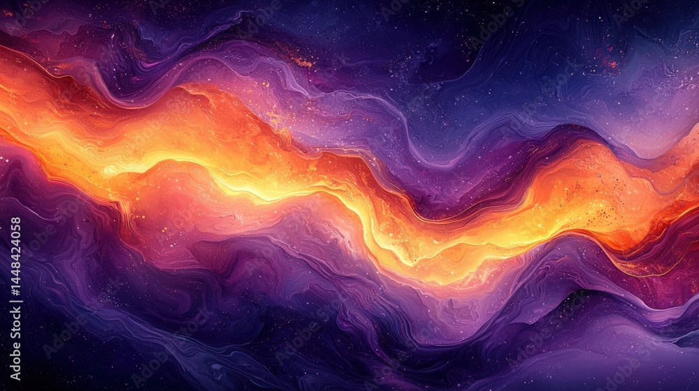 Obraz premium Vibrant abstract background showcasing swirling colors of purple, orange, and yellow in a digital art style. The design presents fluid shapes that mimic liquid or smoke movement on a smooth surface.
