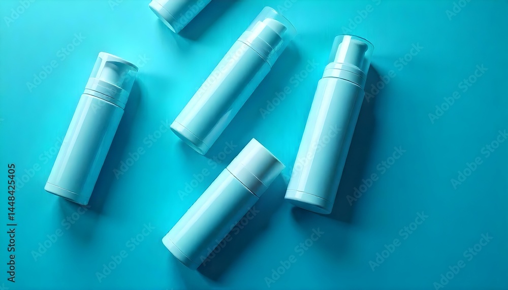 Fototapeta premium top view of roll on and spray bottles of deodorant on blue background