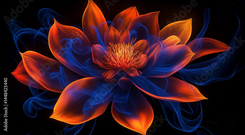 Fiery orange and blue flower in hyper-realistic fantastical style