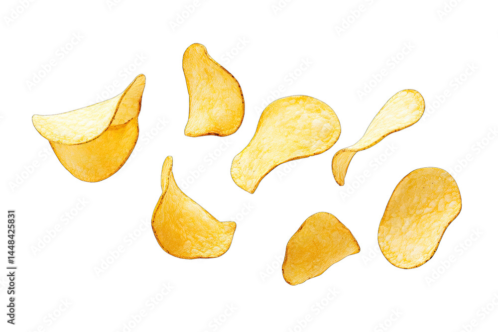 A collection of crispy. golden potato chips scattered artistically on a white background. showcasing their unique shapes and textures. ideal for food-related content or snack advertisements A collection of crispy. golden potato chips scattered artistically on a white background. showcasing their unique shapes and textures. ideal for food-related content or snack advertisements