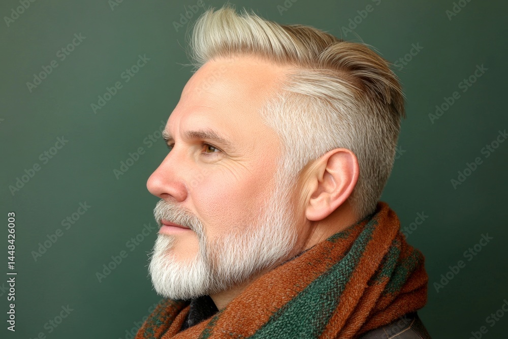 Visual layout of style for aging men. Green solid background. A stylish and glowing male with a relaxed aura. Chic men's low fade haircut - midlife white man with blond hair.